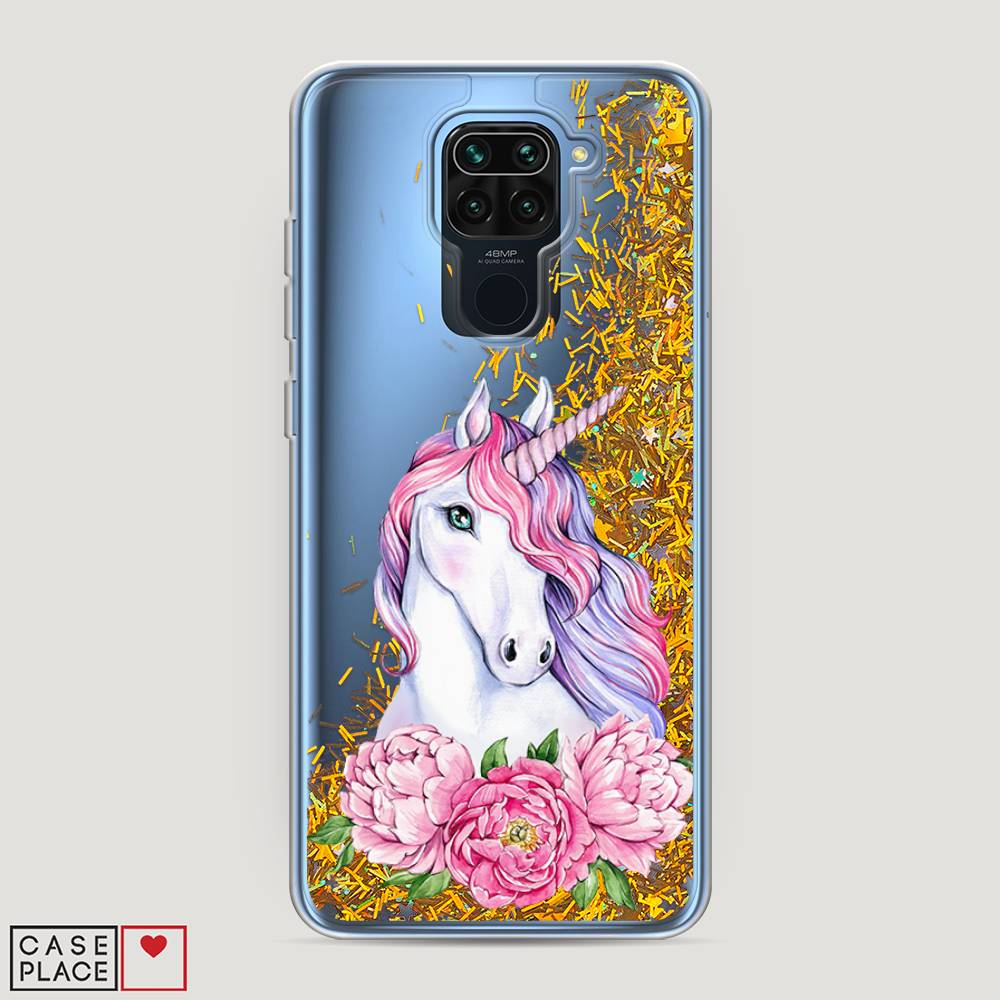 фото Жидкий чехол с блестками "единорог с пионами" на xiaomi redmi note 9 awog