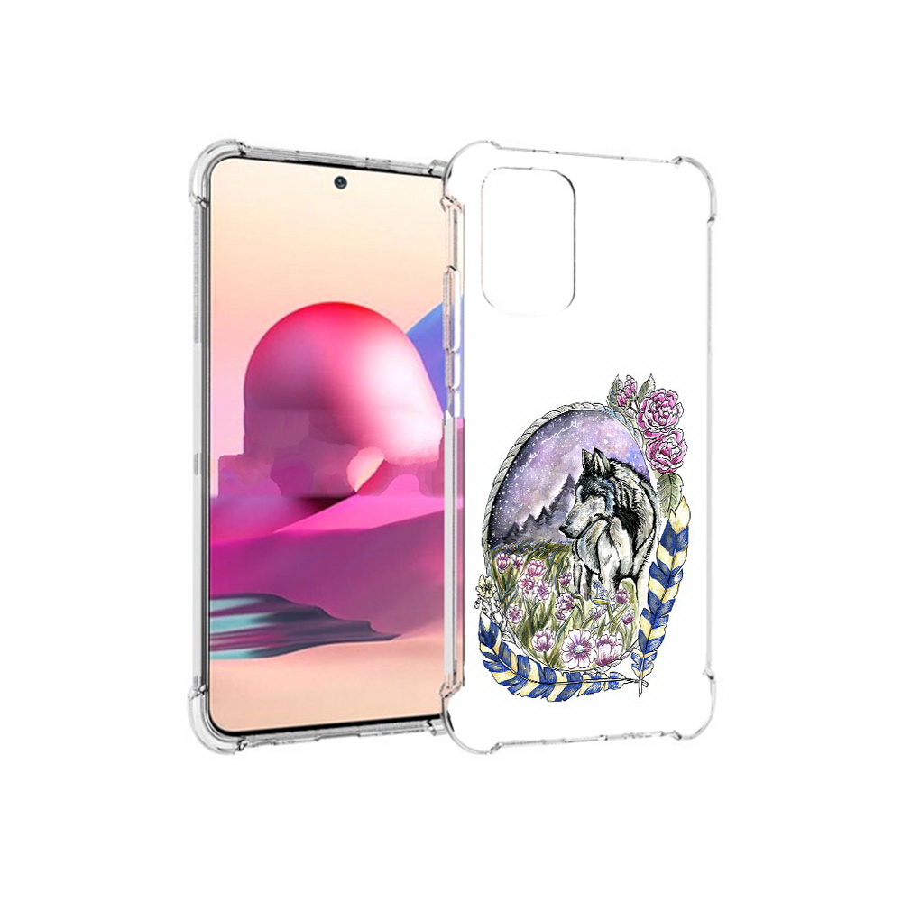 

Чехол MyPads Tocco для Xiaomi Redmi Note 10S нарисованный волк в цветах с перьями, Прозрачный, Tocco