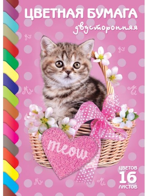 

Бумага цветная "ECO. Котик", А4, 16 листов, 16 цветов