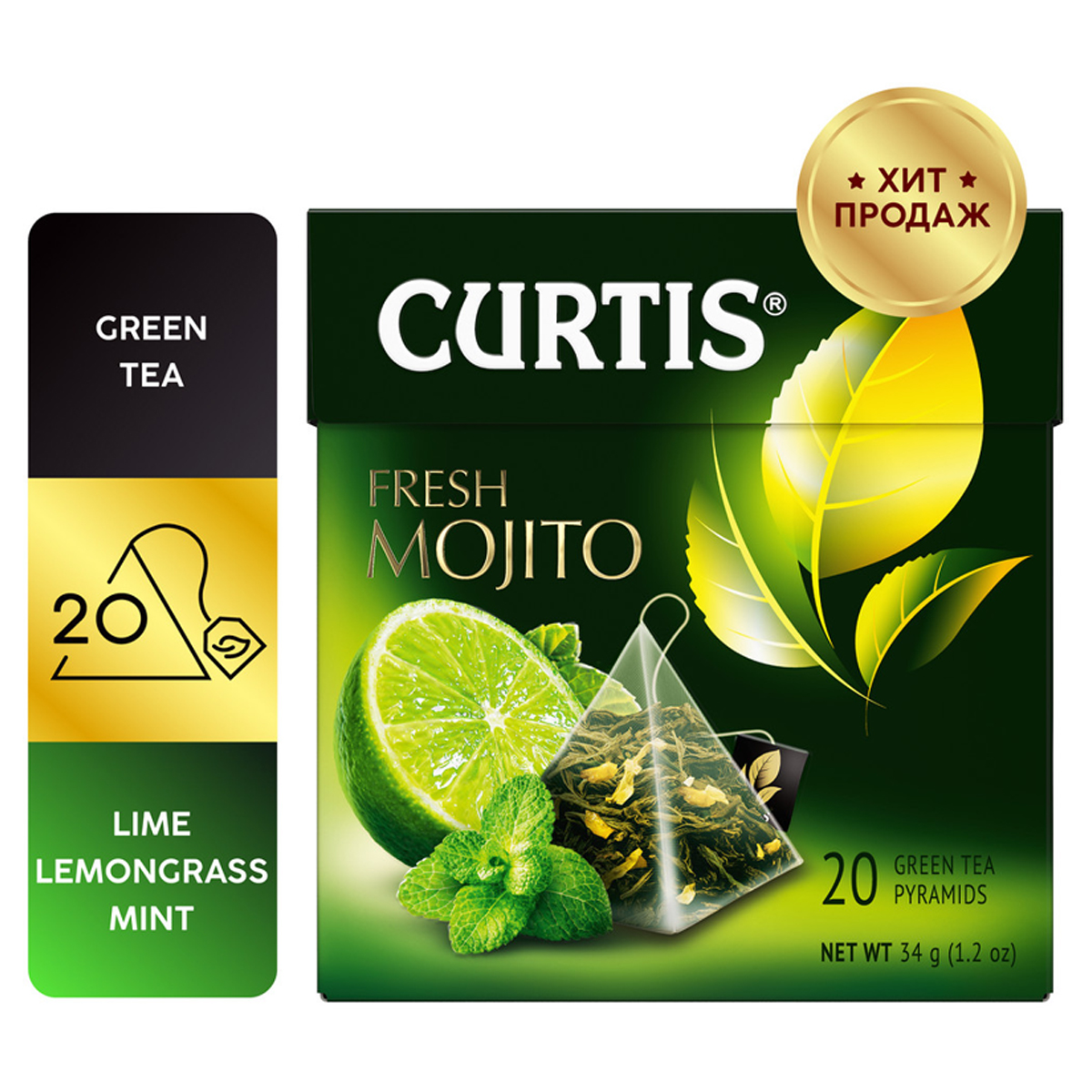 Чай Curtis Fresh Mojito, зеленый с ароматом мохито, мятой 20 пакетиков по 1,8г