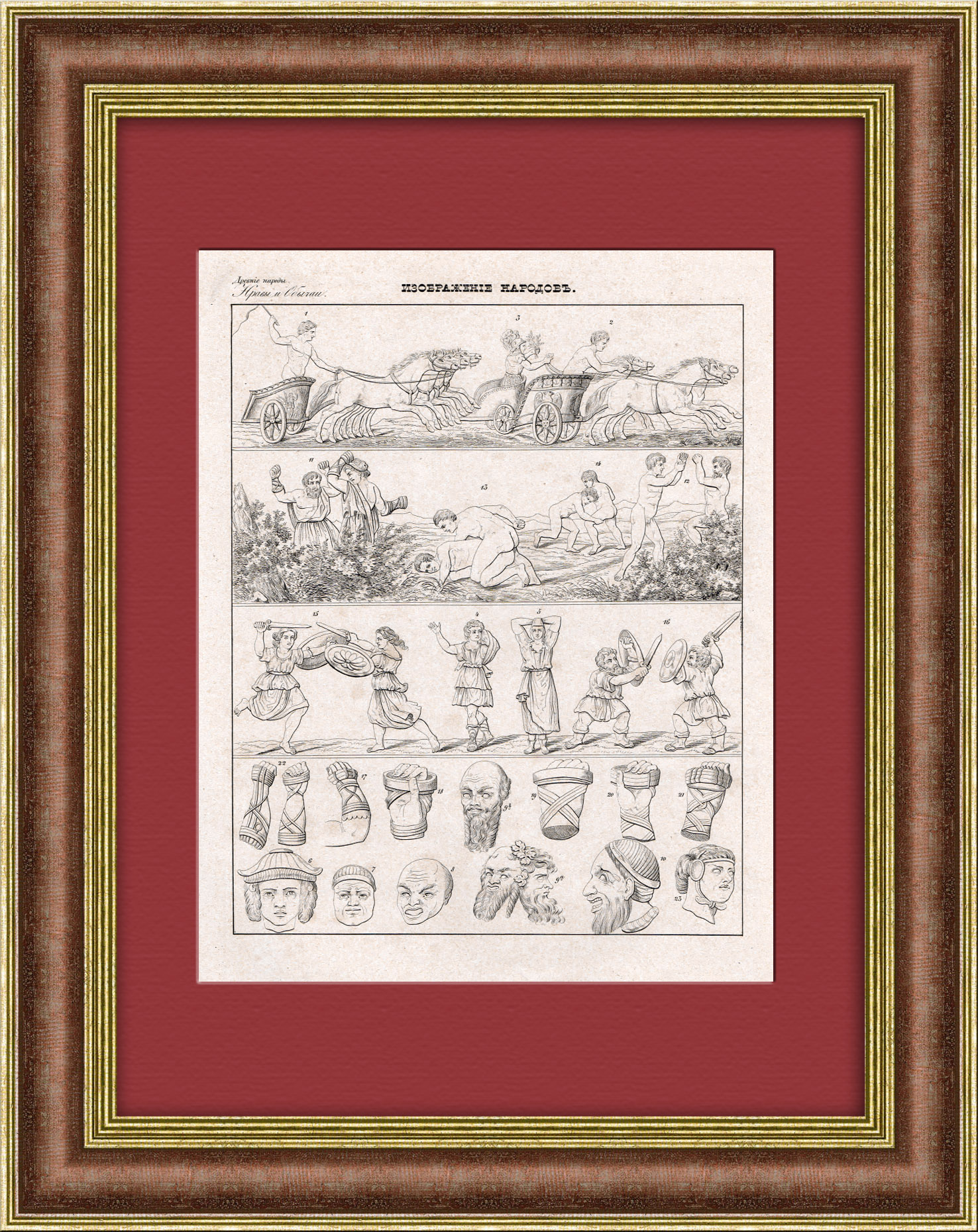 

Спорт в античности: борьба фехтование гонки и др. Гравюра 1838 года