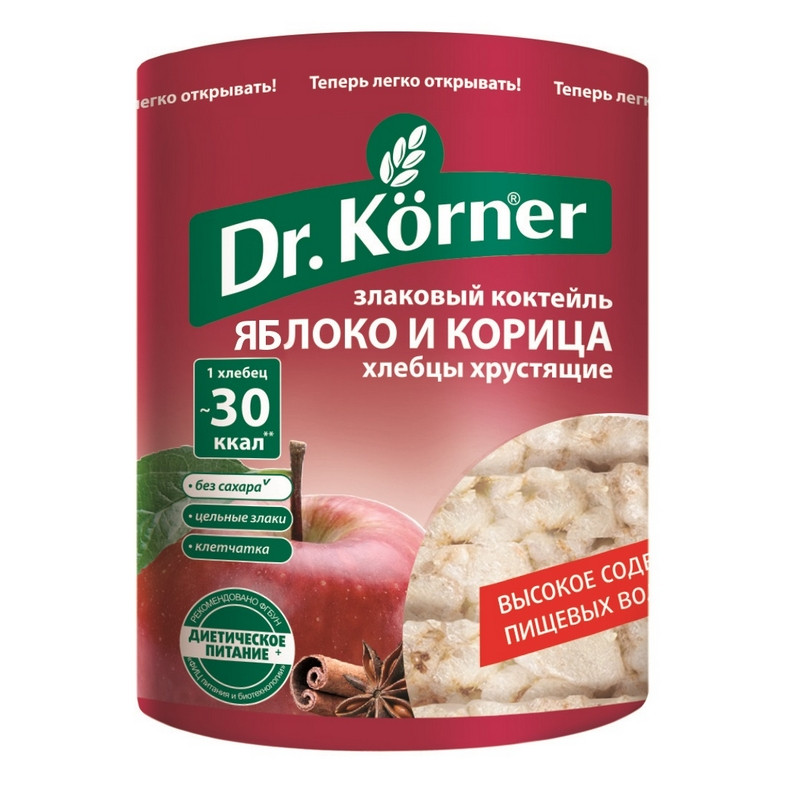 

Хлебцы хрустящие Злаковый коктейль яблочный с корицей Dr.Korner 90 гр, (2шт.)