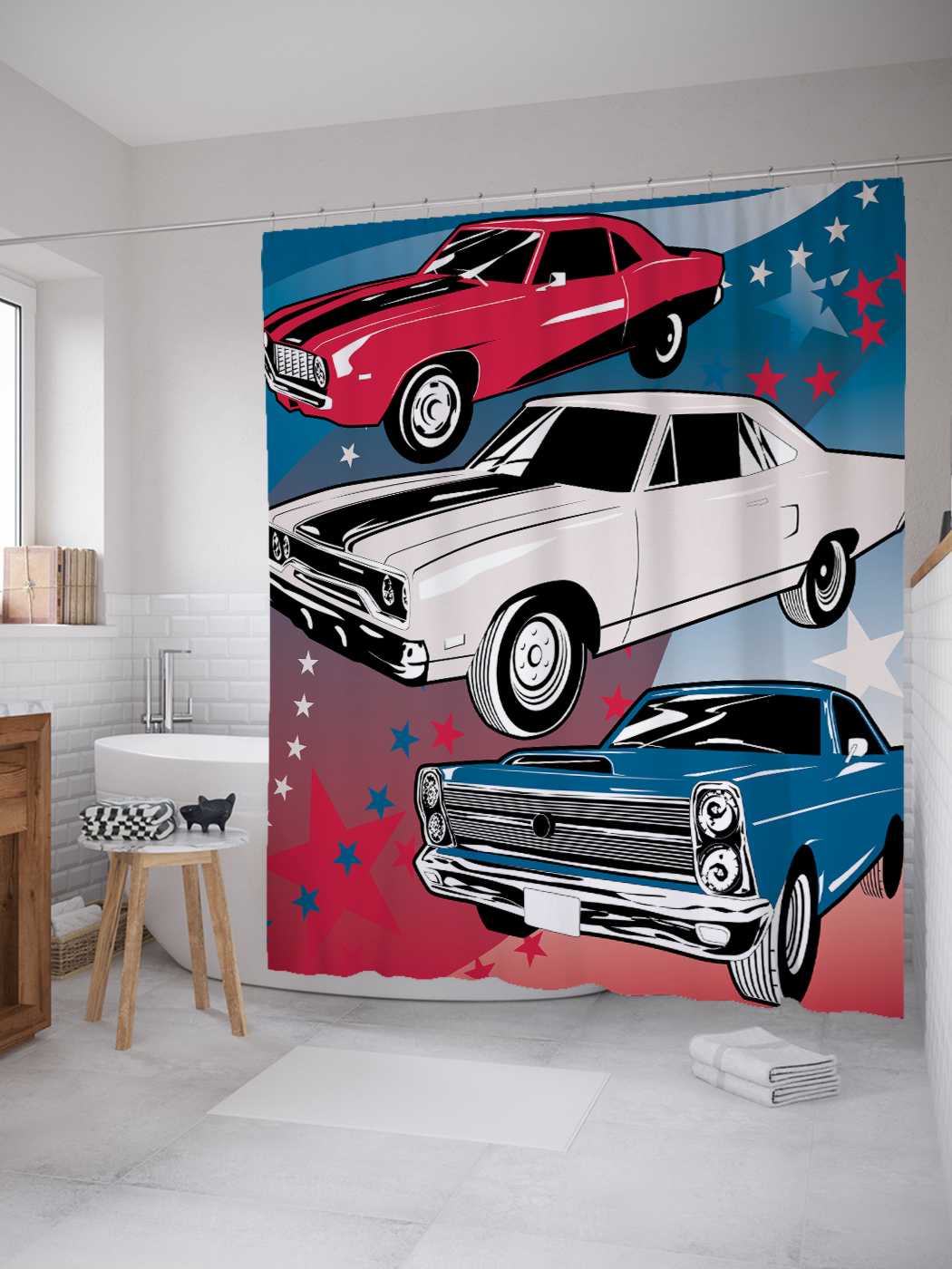 

Штора для ванной JoyArty "Любимые американские авто" из сатена, 180х200 см с крючками, Красный