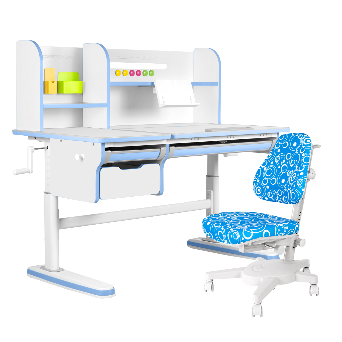 

Комплект парта KinderZen Dali Plus белый/голубой с синим с пузырями креслом Armata, Dali Plus с креслом Armata