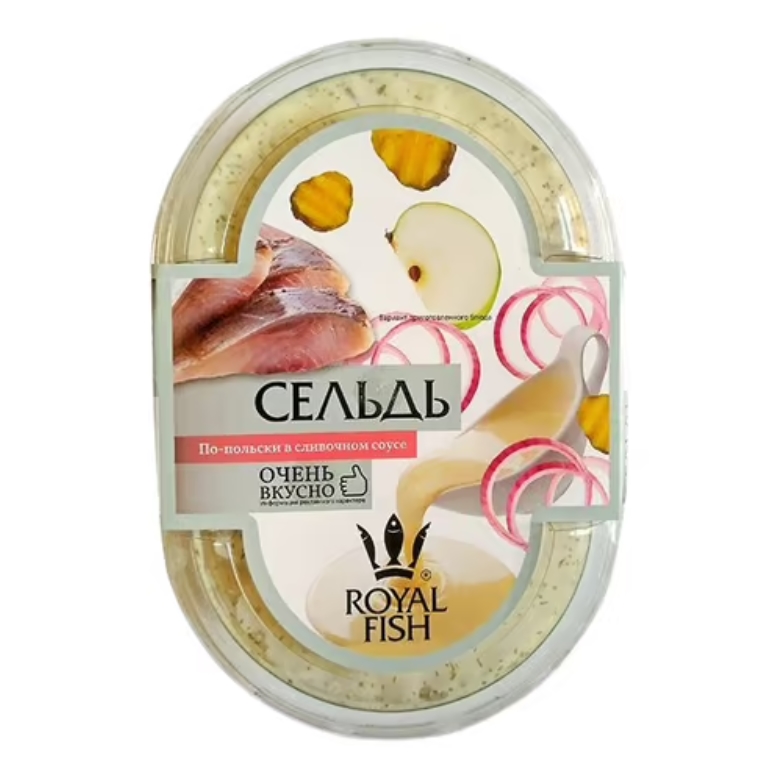 

Сельдь Royal Fish закуска по-польски в сливочном соусе с лучком, яблоком и огурчиком 330 г