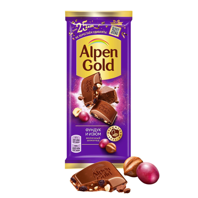 

Шоколад Alpen Gold плитка молочн. с фунд и изюмом, 85г, (2шт.)