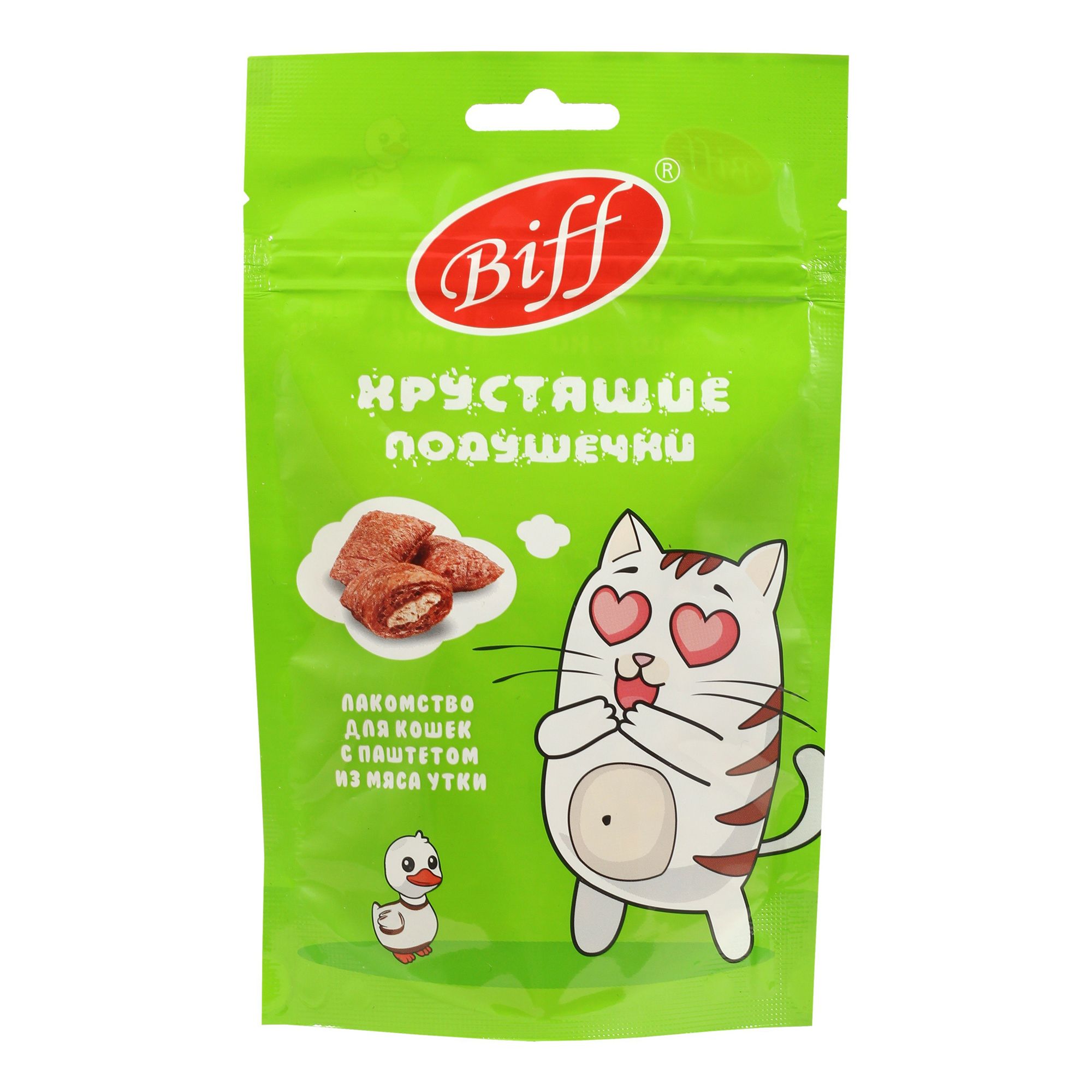 Лакомство Biff Хрустящие подушечки с паштетом из утки для кошек 60 г 196₽