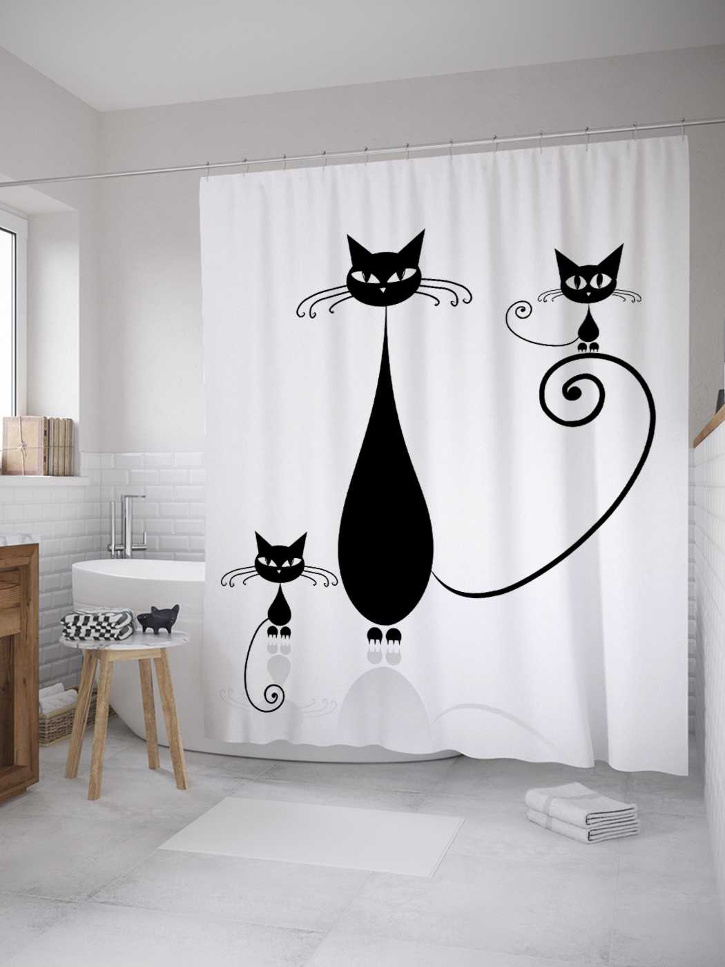 фото Штора для ванной joyarty "котята с мамой" из сатена, 180х200 см с крючками