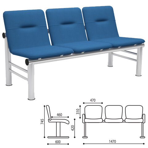 фото Кресло для посетителей трехсекционное "троя", 74,5х147х60 мм, светлый каркас, кожзам синий comforum