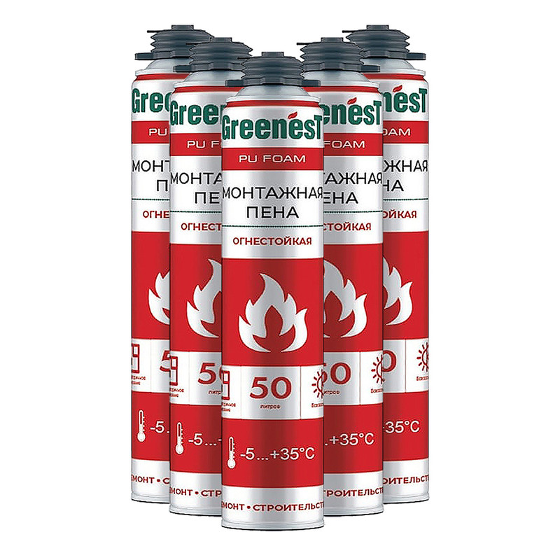 Пена монтажная GreenesT Pu Foam 50 профессиональная огнестойкая, 5 шт.