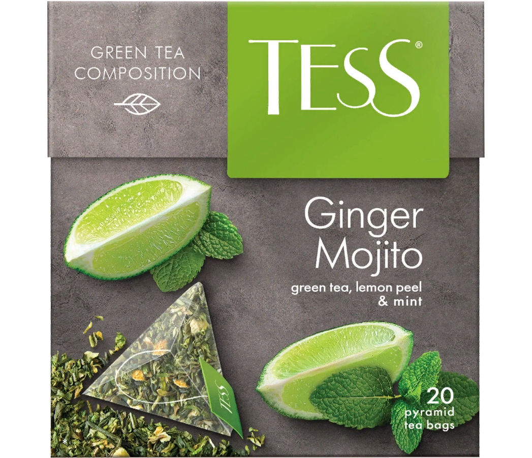 Чай TESS (Тесс) Ginger Mojito, зеленый с ароматом мяты и лайма, 20 пирамидок по 1,8 г