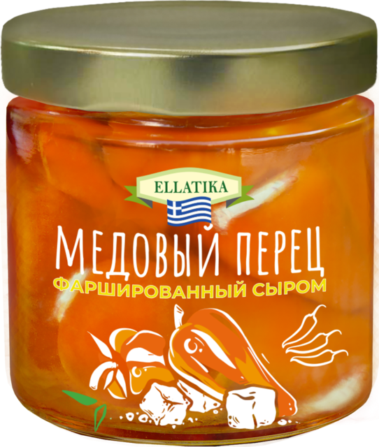 фото Оранжевый сладкий перец фарш. сыром в подсолнечном масле, ellatika, стеклянная банка 210гр