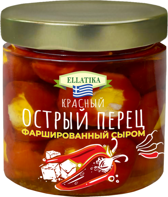фото Красный острый перец фарш. сыром, в подсолнечном масле, ellatika, стеклянная банка 210 гр