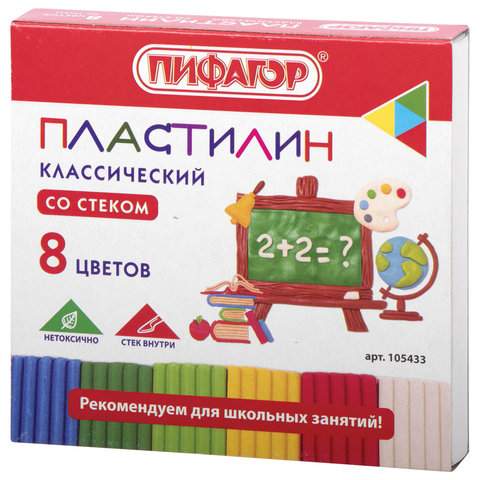 Пластилин классический Пифагор арт. 105433, 8 цв. х 10 уп. пластилин классический пифагор школьный 8 ов 120 г со стеком 20 шт