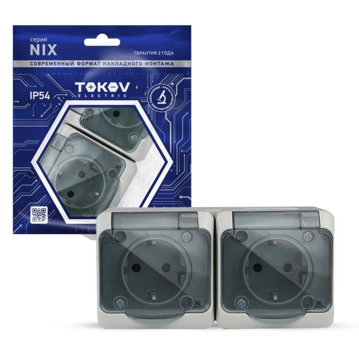 фото Розетка tokov electric, nix, 2-м, 16а, ip54, 250в, с з/к, с прозр. кр, серый