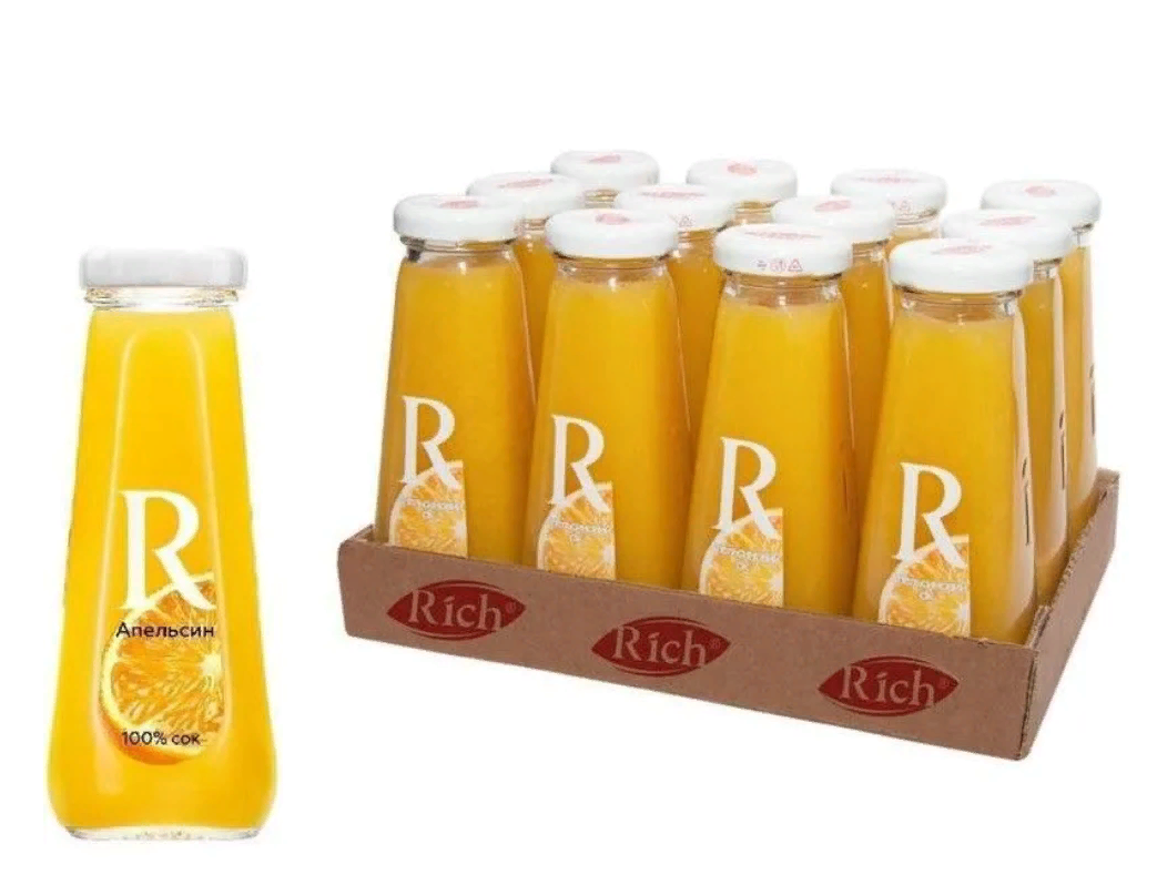 Сок RICH (Рич) 0,2 л, апельсин, подходит для детского питания, стеклянная бутылка (12шт.)