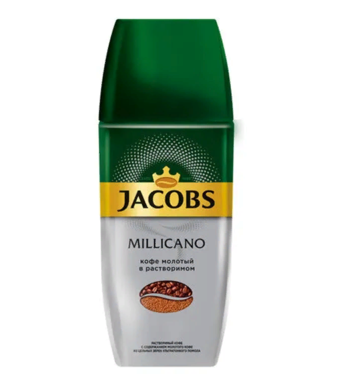 Кофе молотый в растворимом JACOBS Millicano, сублимированный, 160 г, стеклянная банка