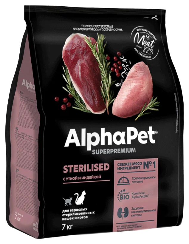 фото Сухой корм для кошек alphapet superpremium sterilised, утка, индейка, 7кг