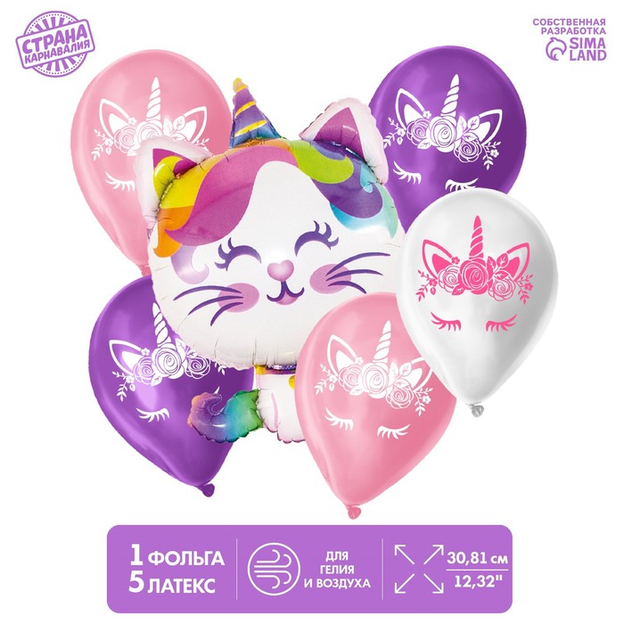 

Букет из шаров «С днём рождения», котик-единорог, фольга, латекс, набор 6 шт., цвета МИКС, Разноцветный