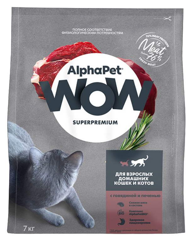 

Сухой корм для кошек ALPHAPET WOW SUPERPREMIUM, с говядиной и печенью, 7 кг