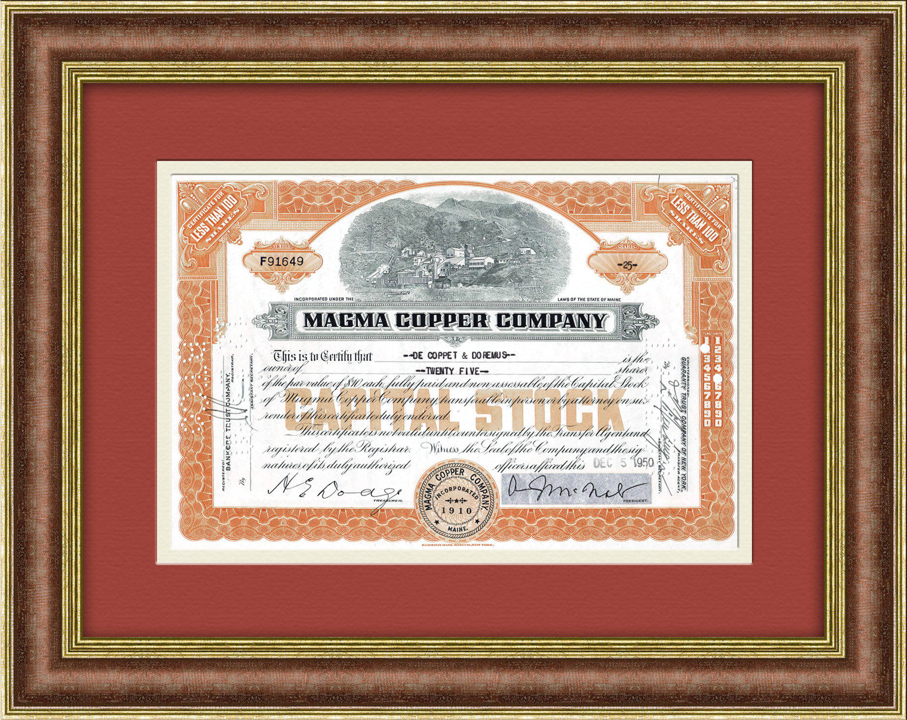 фото Сертификат медной компании magma copper company на 25 акций 1958 год сша