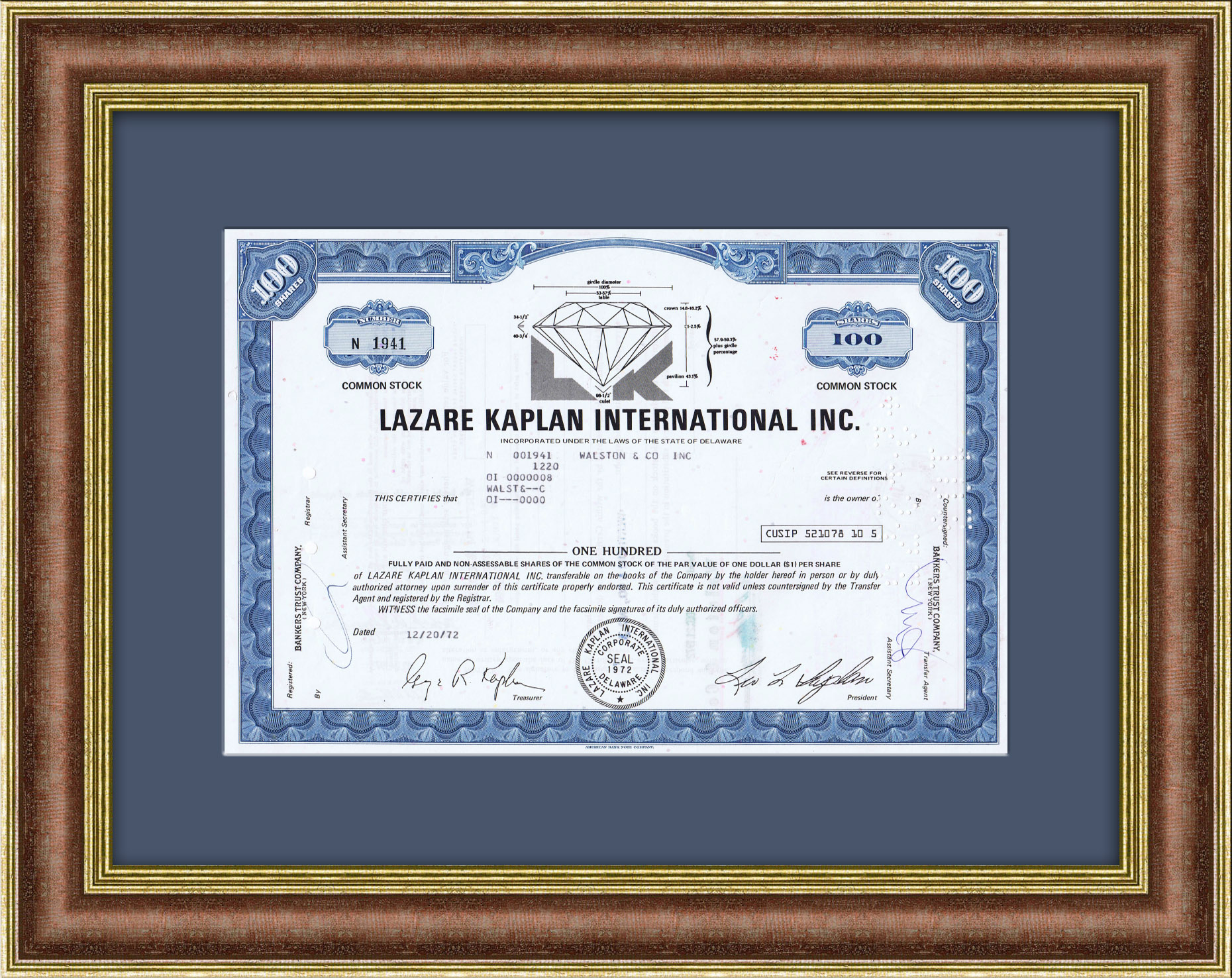 фото Алмазная компания lazard kaplan international inc. сертификат на 100 акций сша