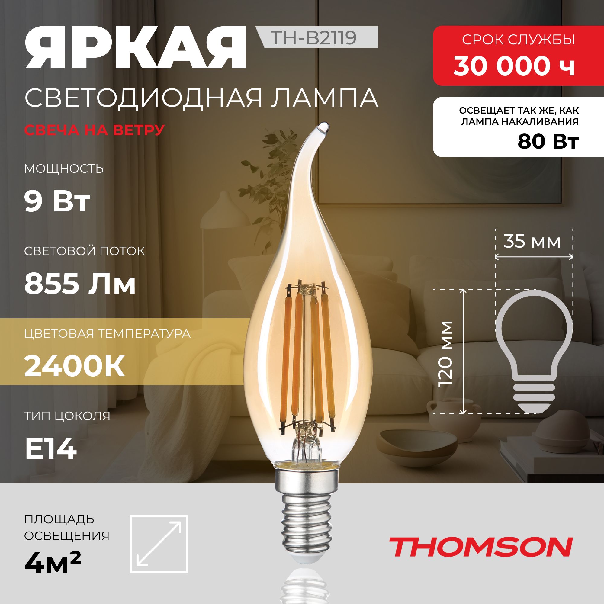 

Лампочка светодиодная Thomson, TH-B2119, 9W, E14, Thomson T-HB-E14-FLM-can.on.w