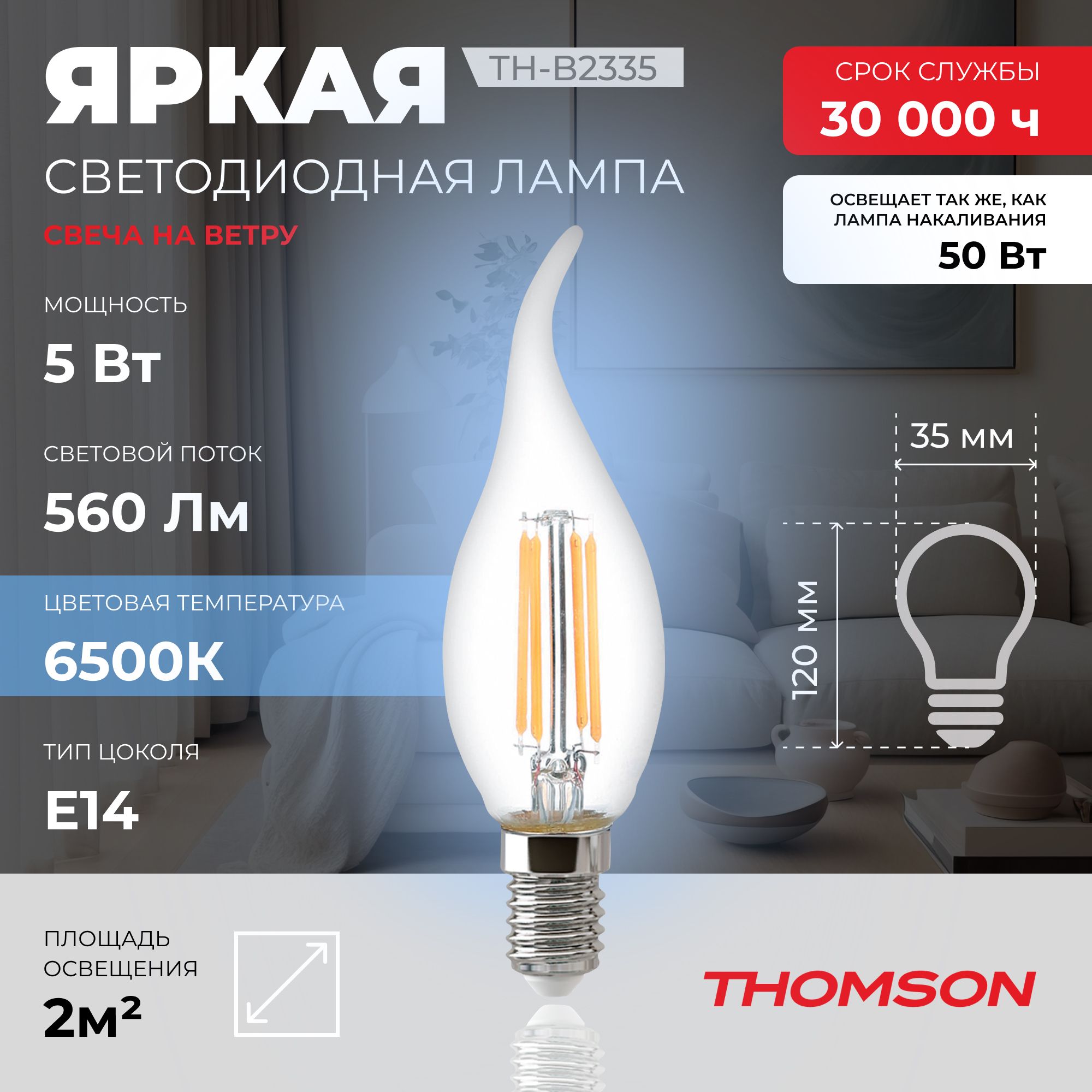 

Лампочка светодиодная Thomson, TH-B2335, 5W, E14, Thomson T-HB-E14-FLM-can.on.w