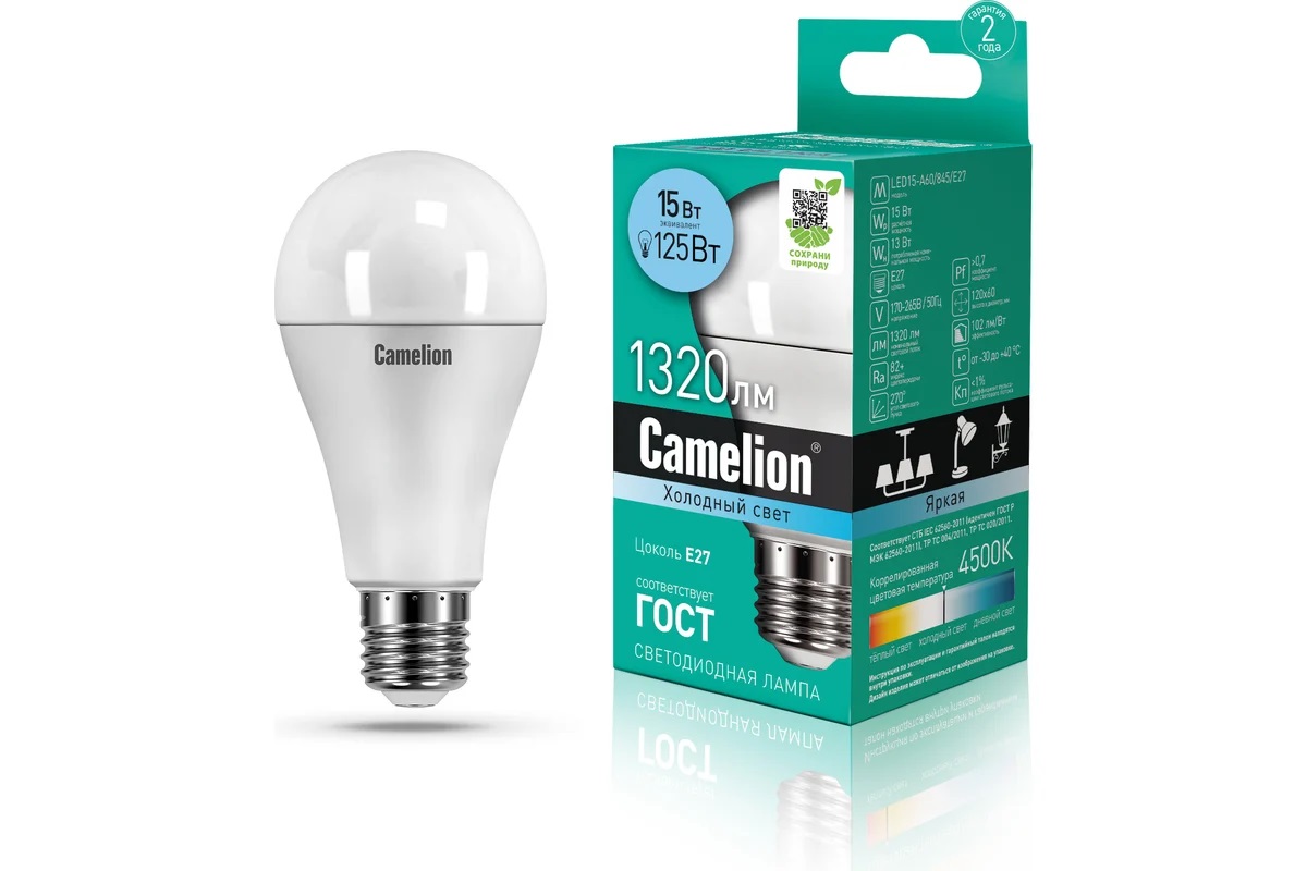 

Лампа светодиодная E27 A60 15W (125W) 220V холодный BasicPower CAMELION