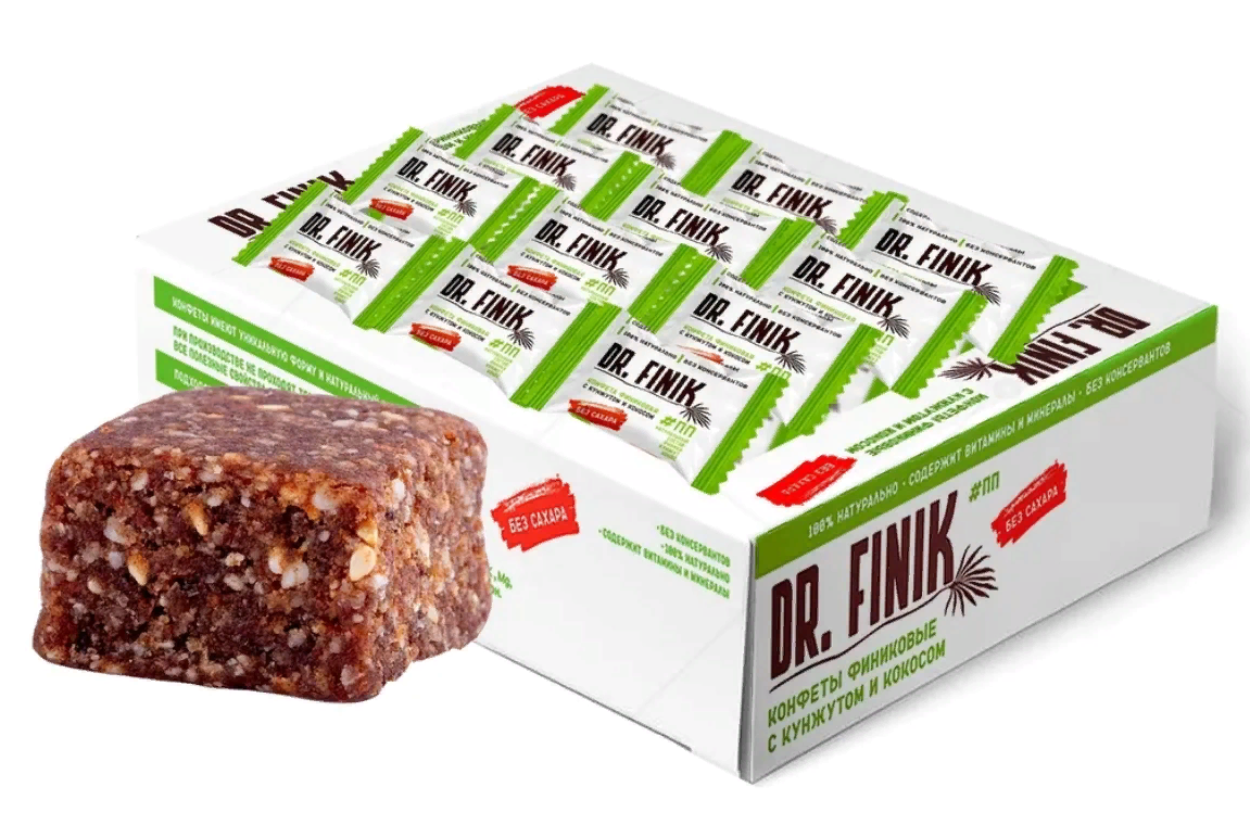 Конфеты финиковые DR.FINIK с кокосом и кунжутом, без сахара, 450 г, картонная коробка