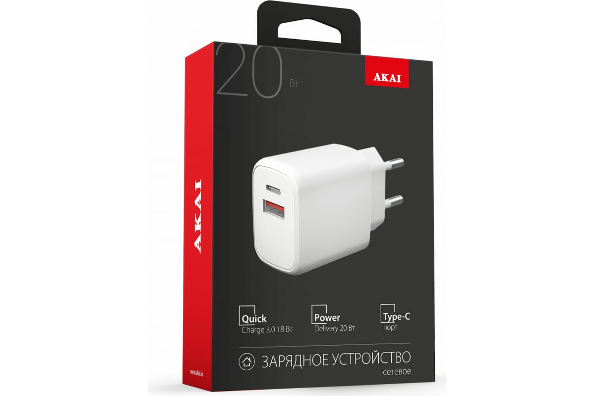 Сетевое зарядное устройство Akai CH-6A14W 1x USB Type A, 1xUSB Type-C 3 А белый