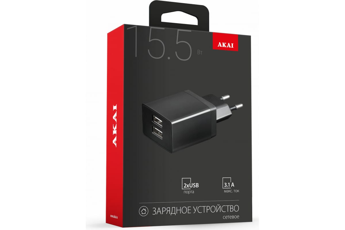 Сетевое зарядное устройство AKAI CH-6C04B 2xUSB 3.1 А черный