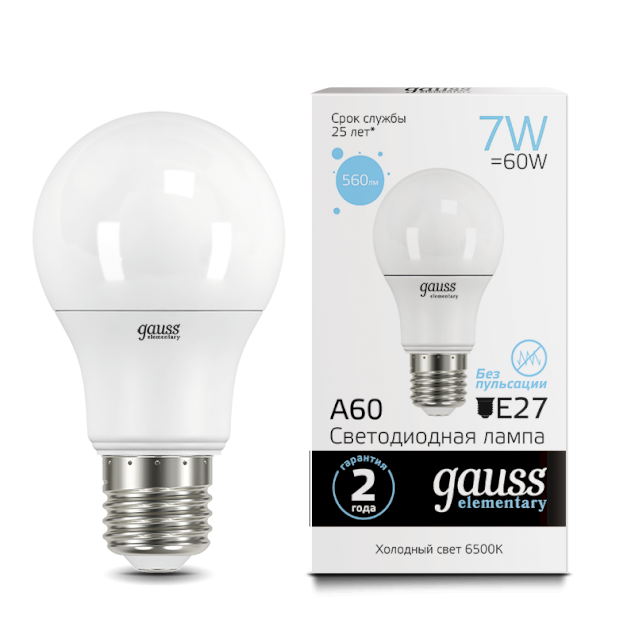 

Упаковка ламп LED GAUSS E27, груша, 7Вт, 6500К, белый холодный, 10 шт. 23237a