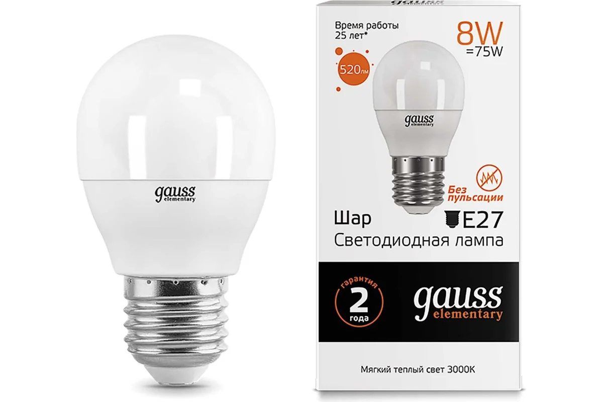 

Упаковка ламп LED GAUSS E27, шар, 8Вт, 3000К, белый теплый, 10 шт. 53218