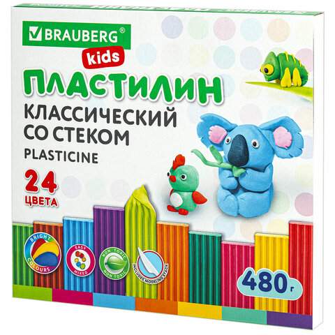 Пластилин классический Brauberg арт. 106437, 24 цв. х 3 уп. пластилин brauberg kids классический 18 ов 360 г со стеком 106510