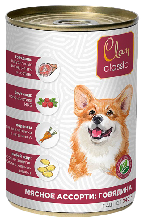 

Влажный корм для собак Clan Classic Мясное ассорти говядина с брусникой и ромашкой, 340 г