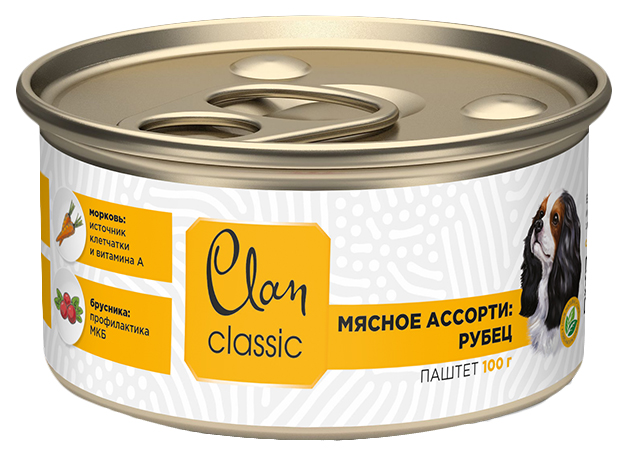 

Влажный корм для собак Clan Classic Мясное ассорти рубец с брусникой и морковью, 340 г