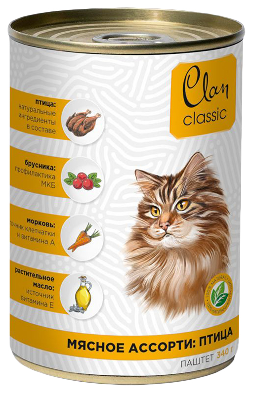 

Влажный корм для кошек Clan Classic Мясное ассорти с птицей, 340 г