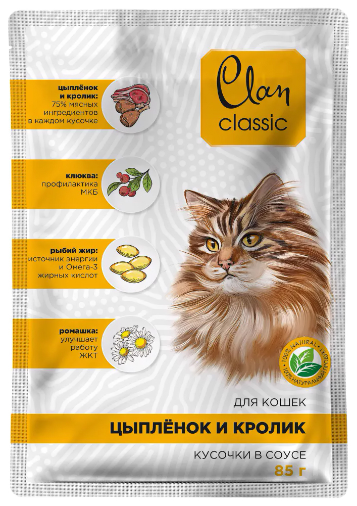 

Clan CLASSIC пауч кусочки в соусе для кошек, цыпленок, кролик, клюква и ромашка, 85г