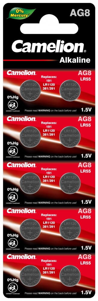 Набор из 10 шт, Батарейка Camelion G 8  BL-10 Mercury Free (AG8-BP10(0%Hg), 391A/LR1120/19