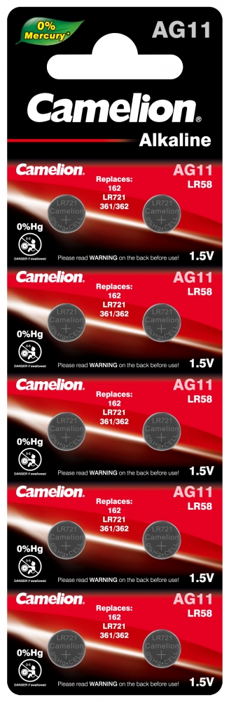 Набор из 10 шт, Батарейка Camelion G11  BL-10 Mercury Free (AG11-BP10(0%Hg), 362A/LR721/16
