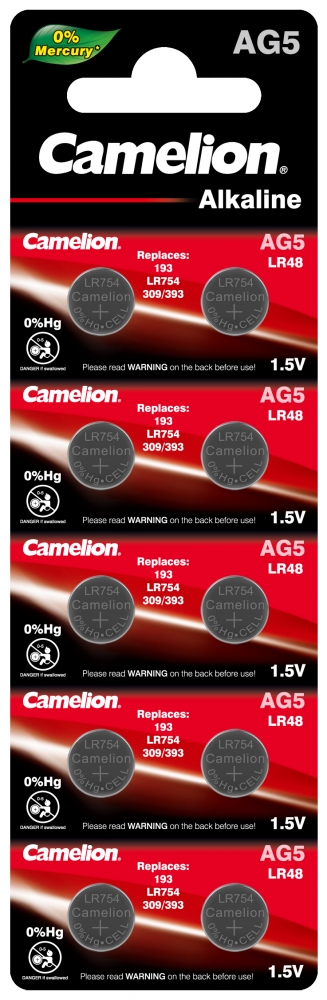 

Набор из 10 шт, Батарейка Camelion G 5 BL-10 Mercury Free (AG5-BP10(0%Hg), 393A/LR754/193