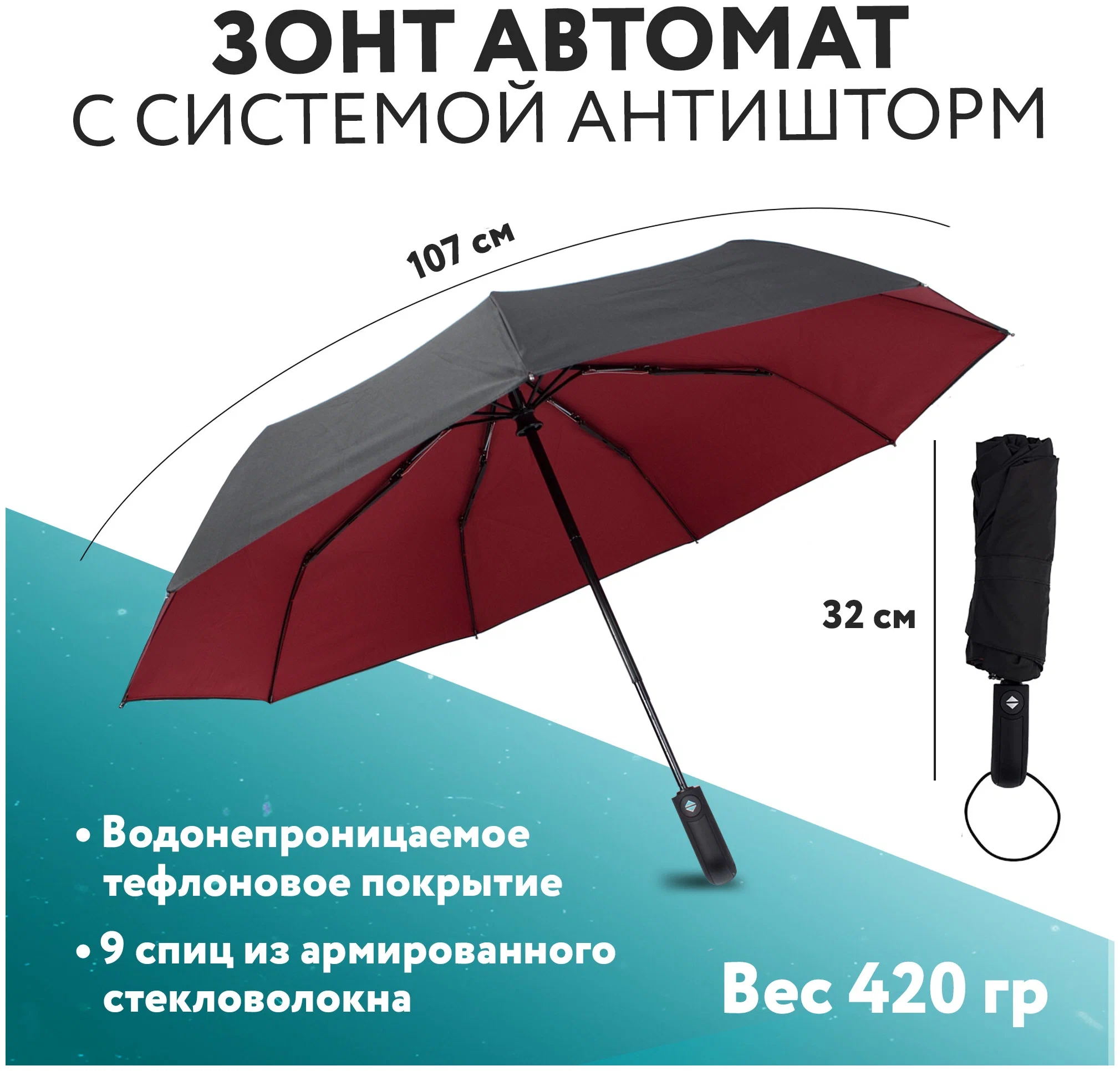 Зонт складной унисекс автоматический PUREVACY Windproof черный/красный
