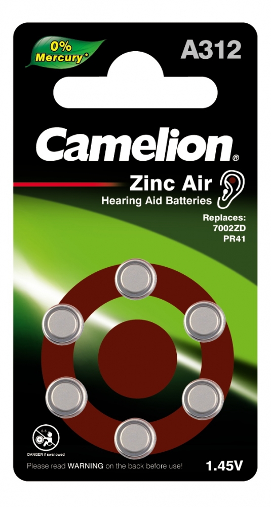 Батарейка Camelion ZA312 BL-6 Mercury Free (A312-BP6(0%Hg), батарейка для слуховых аппарат