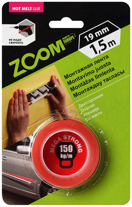 Лента двухсторонняя монтажная Zoom Megastrong, 150 кг/1 м лента армированная клейкая zoom строй 48 мм x 25м