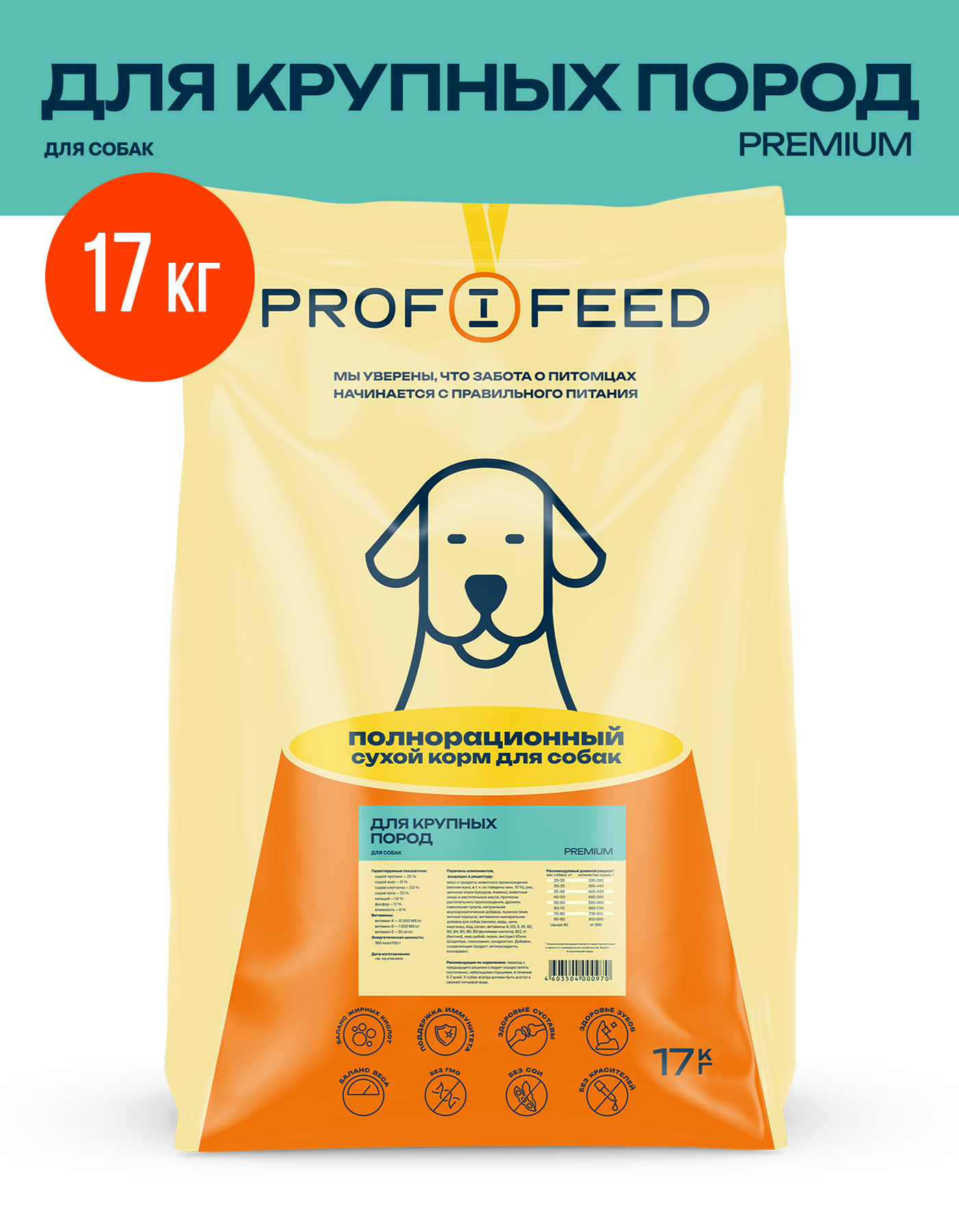 Сухой корм для собак Profifeed, для крупных пород, 17кг