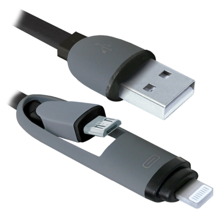 

Кабель AutoStandart 2 в 1 USB - Lightning/Micro USB MFI, 2А, 1 м, серый (104422)
