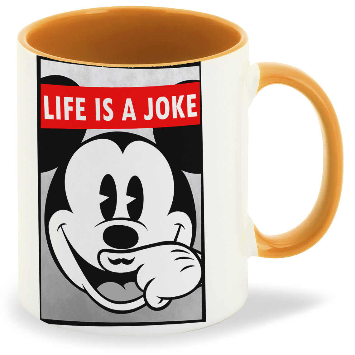 

Кружка оранжевая CoolPodarok Life is a joke Микки Маус