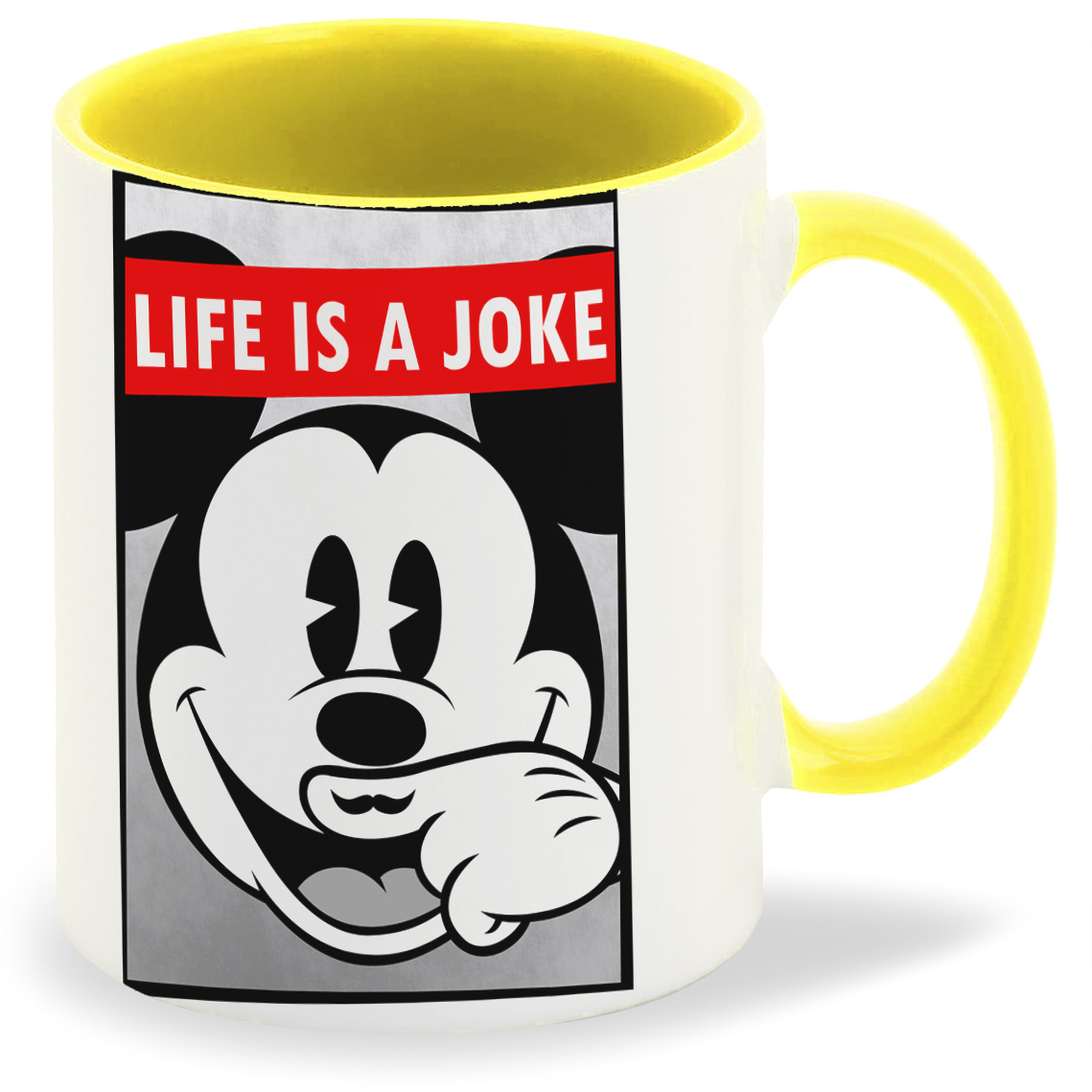 

Кружка желтая CoolPodarok Life is a joke Микки Маус
