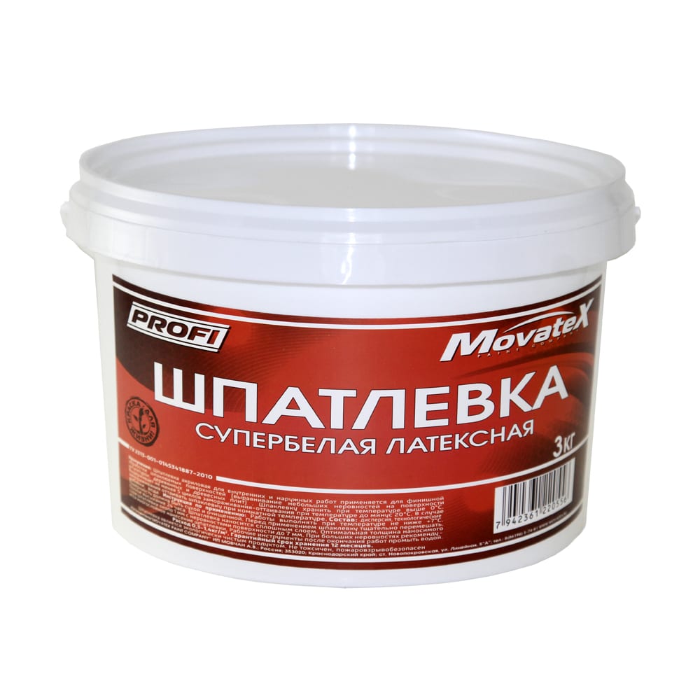 Movatex Шпаклевка латексная супербелая 3кг Т05874 1760₽